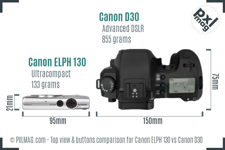 Canon ELPH 130 vs Canon D30 top view buttons comparison Canon ELPH 130 vs Canon D30 top view buttons comparison