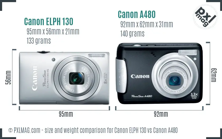 Canon ELPH 130 vs Canon A480 size comparison