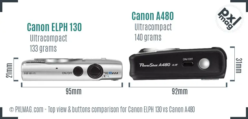 Canon ELPH 130 vs Canon A480 top view buttons comparison