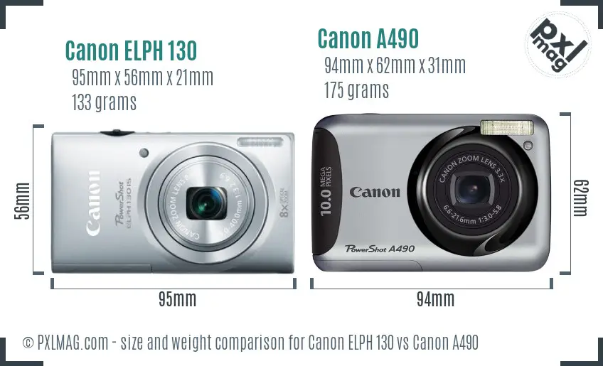 Canon ELPH 130 vs Canon A490 size comparison