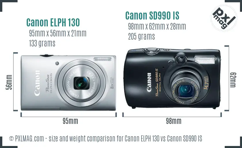 Canon ELPH 130 vs Canon SD990 IS size comparison Canon ELPH 130 vs Canon SD990 IS size comparison