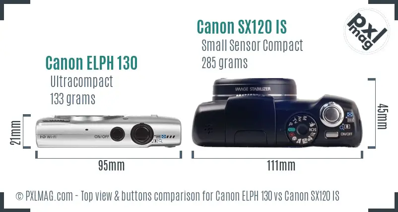 Canon ELPH 130 vs Canon SX120 IS top view buttons comparison Canon ELPH 130 vs Canon SX120 IS top view buttons comparison