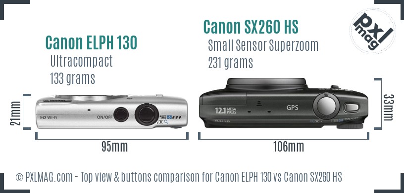 Canon ELPH 130 vs Canon SX260 HS top view buttons comparison