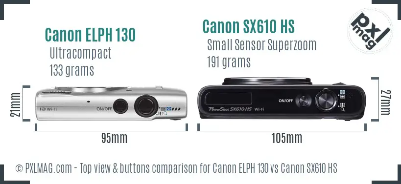 Canon ELPH 130 vs Canon SX610 HS top view buttons comparison Canon ELPH 130 vs Canon SX610 HS top view buttons comparison