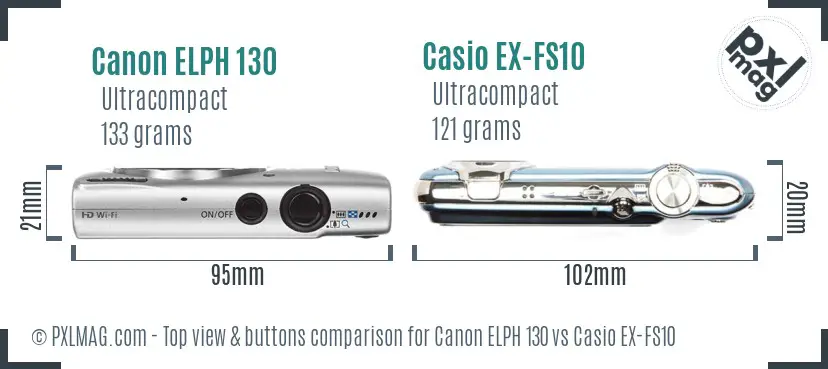 Canon ELPH 130 vs Casio EX-FS10 top view buttons comparison