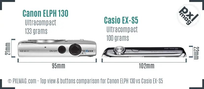 Canon ELPH 130 vs Casio EX-S5 top view buttons comparison