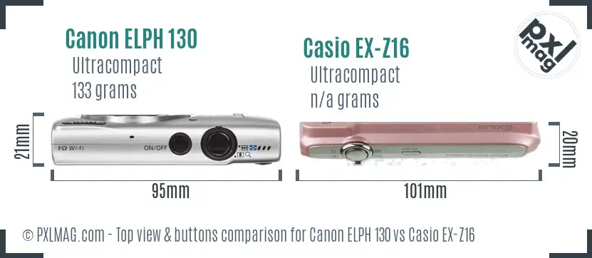 Canon ELPH 130 vs Casio EX-Z16 top view buttons comparison