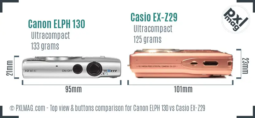 Canon ELPH 130 vs Casio EX-Z29 top view buttons comparison