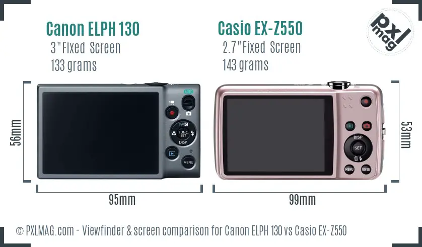Canon ELPH 130 vs Casio EX-Z550 Screen and Viewfinder comparison