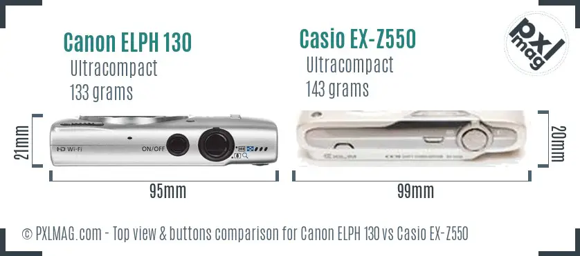 Canon ELPH 130 vs Casio EX-Z550 top view buttons comparison