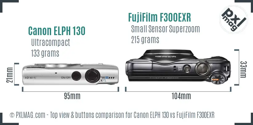 Canon ELPH 130 vs FujiFilm F300EXR top view buttons comparison Canon ELPH 130 vs FujiFilm F300EXR top view buttons comparison