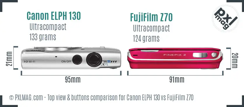 Canon ELPH 130 vs FujiFilm Z70 top view buttons comparison