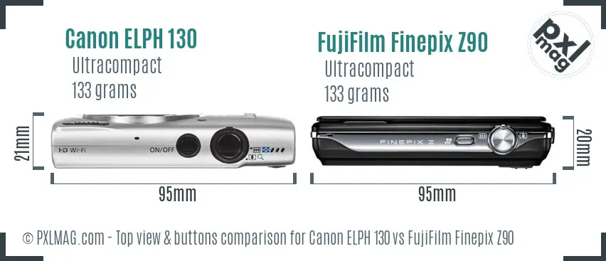 Canon ELPH 130 vs FujiFilm Finepix Z90 top view buttons comparison