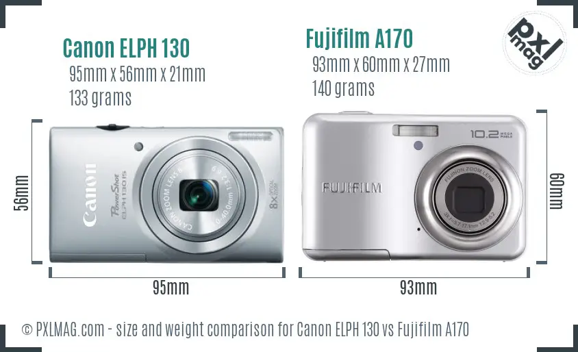 Canon ELPH 130 vs Fujifilm A170 size comparison