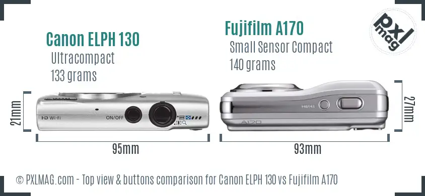 Canon ELPH 130 vs Fujifilm A170 top view buttons comparison