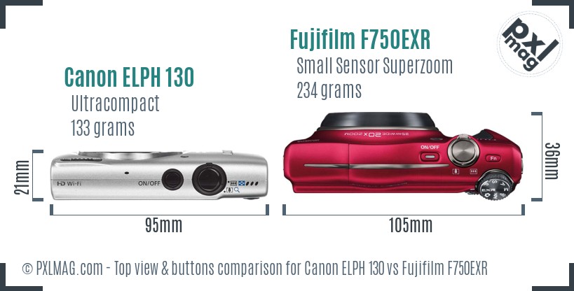 Canon ELPH 130 vs Fujifilm F750EXR top view buttons comparison
