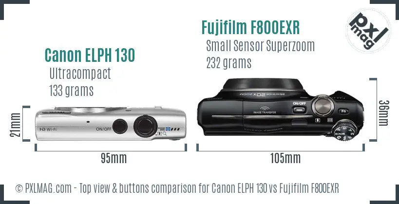 Canon ELPH 130 vs Fujifilm F800EXR top view buttons comparison Canon ELPH 130 vs Fujifilm F800EXR top view buttons comparison