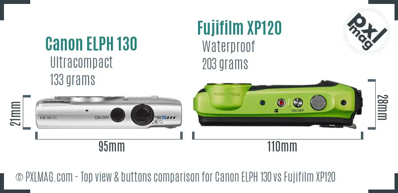 Canon ELPH 130 vs Fujifilm XP120 top view buttons comparison Canon ELPH 130 vs Fujifilm XP120 top view buttons comparison