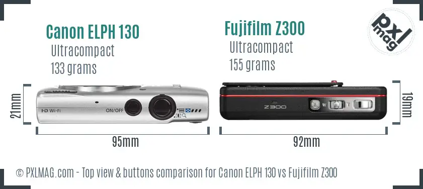 Canon ELPH 130 vs Fujifilm Z300 top view buttons comparison Canon ELPH 130 vs Fujifilm Z300 top view buttons comparison