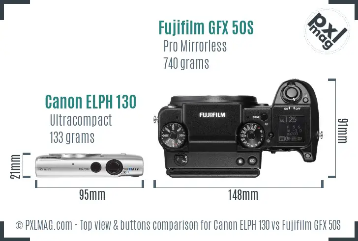 Canon ELPH 130 vs Fujifilm GFX 50S top view buttons comparison