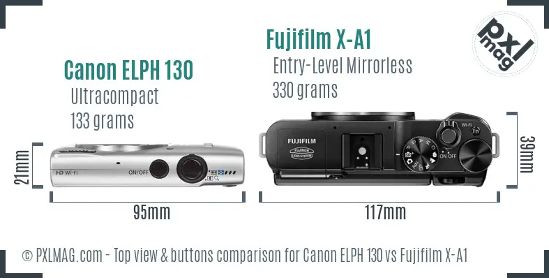 Canon ELPH 130 vs Fujifilm X-A1 top view buttons comparison