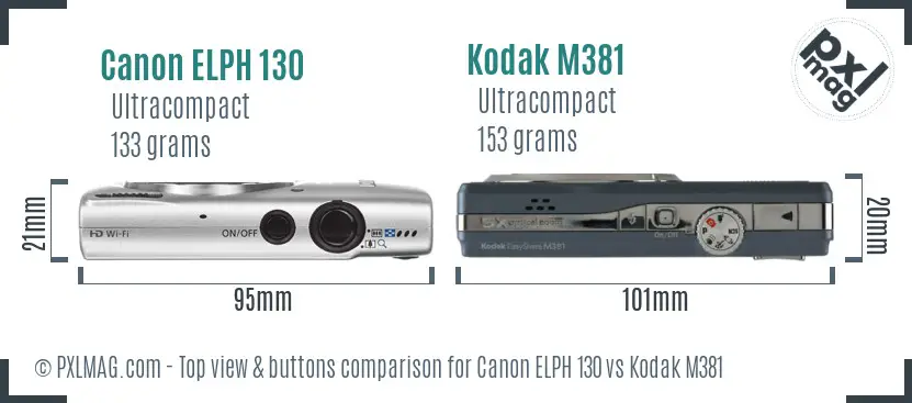 Canon ELPH 130 vs Kodak M381 top view buttons comparison