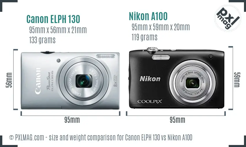 Canon ELPH 130 vs Nikon A100 size comparison