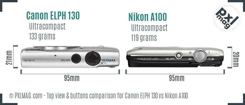 Canon ELPH 130 vs Nikon A100 top view buttons comparison