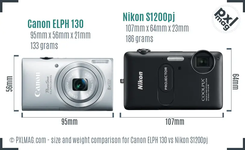Canon ELPH 130 vs Nikon S1200pj size comparison
