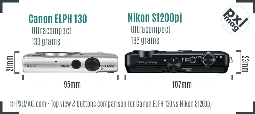 Canon ELPH 130 vs Nikon S1200pj top view buttons comparison