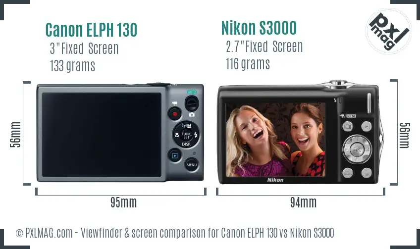 Canon ELPH 130 vs Nikon S3000 Screen and Viewfinder comparison