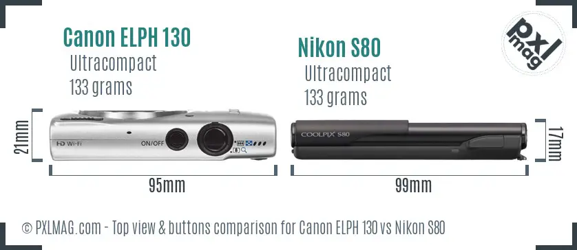 Canon ELPH 130 vs Nikon S80 top view buttons comparison