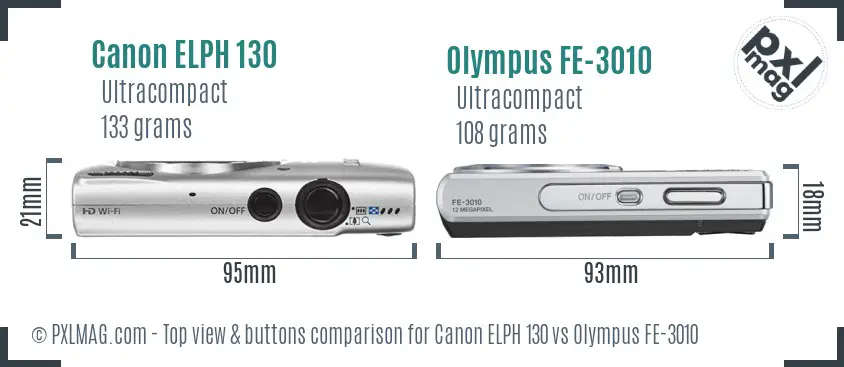 Canon ELPH 130 vs Olympus FE-3010 top view buttons comparison