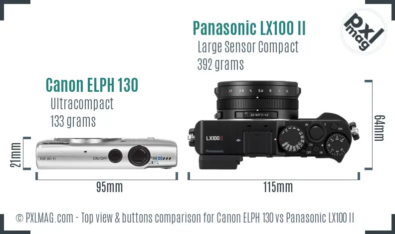 Canon ELPH 130 vs Panasonic LX100 II top view buttons comparison