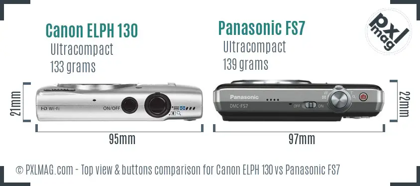 Canon ELPH 130 vs Panasonic FS7 top view buttons comparison