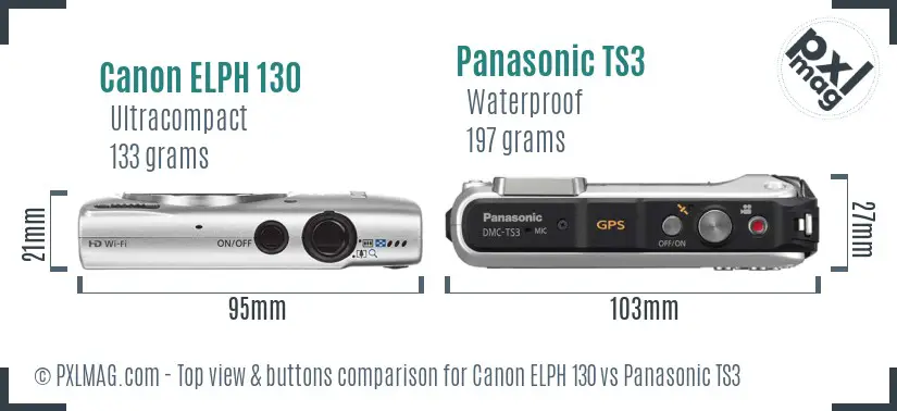 Canon ELPH 130 vs Panasonic TS3 top view buttons comparison