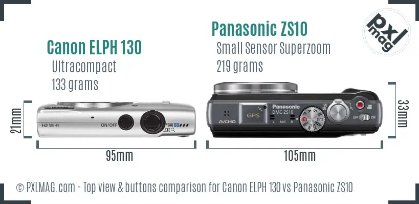 Canon ELPH 130 vs Panasonic ZS10 top view buttons comparison