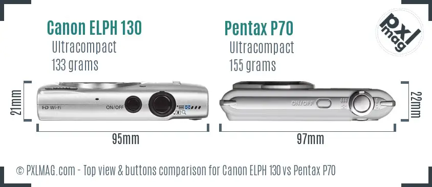 Canon ELPH 130 vs Pentax P70 top view buttons comparison