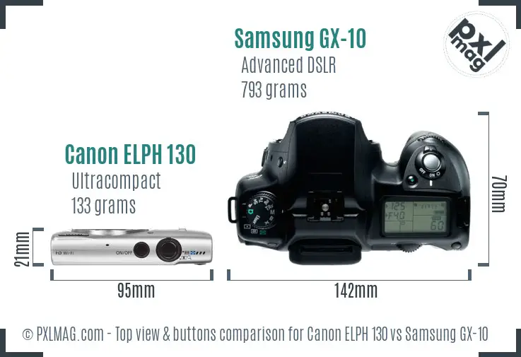 Canon ELPH 130 vs Samsung GX-10 top view buttons comparison