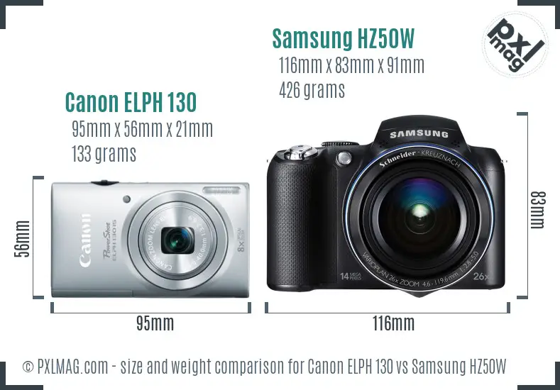 Canon ELPH 130 vs Samsung HZ50W size comparison