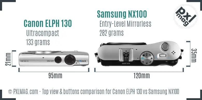 Canon ELPH 130 vs Samsung NX100 top view buttons comparison