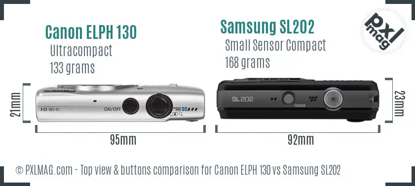 Canon ELPH 130 vs Samsung SL202 top view buttons comparison