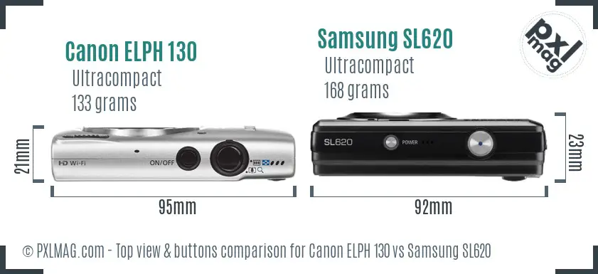Canon ELPH 130 vs Samsung SL620 top view buttons comparison Canon ELPH 130 vs Samsung SL620 top view buttons comparison