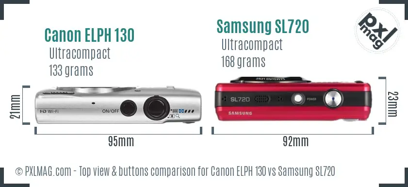 Canon ELPH 130 vs Samsung SL720 top view buttons comparison