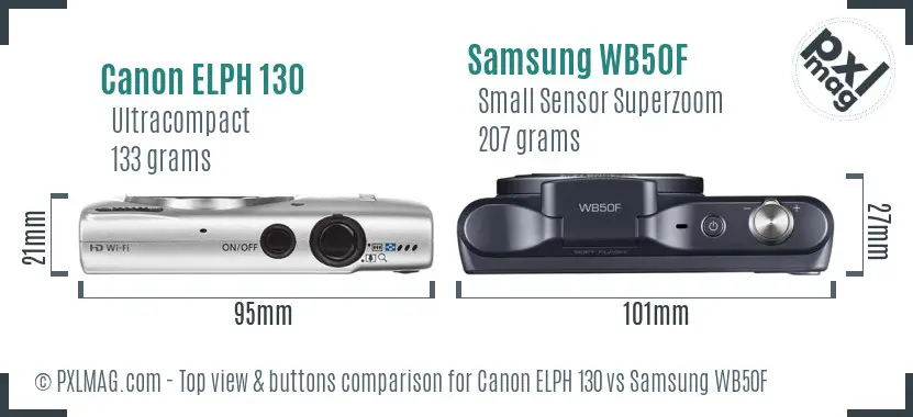 Canon ELPH 130 vs Samsung WB50F top view buttons comparison