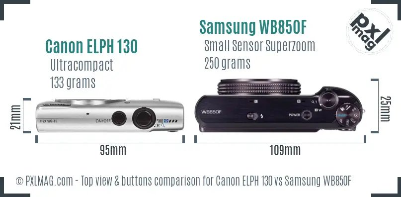 Canon ELPH 130 vs Samsung WB850F top view buttons comparison