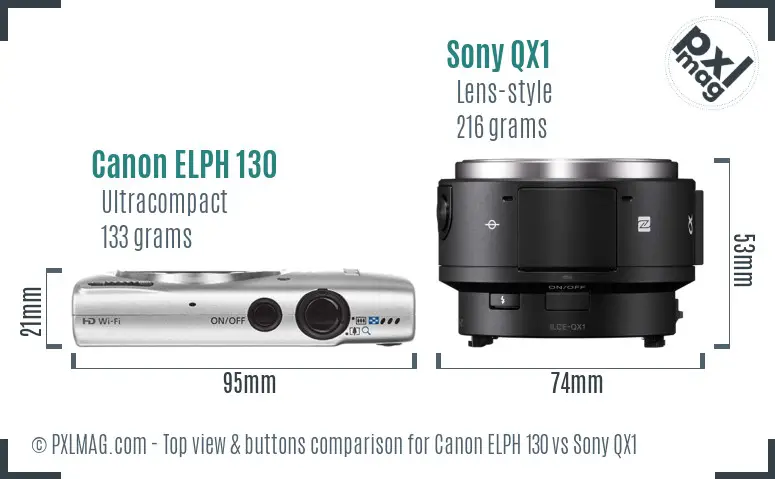 Canon ELPH 130 vs Sony QX1 top view buttons comparison