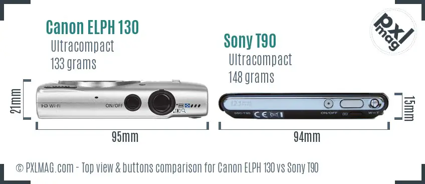 Canon ELPH 130 vs Sony T90 top view buttons comparison