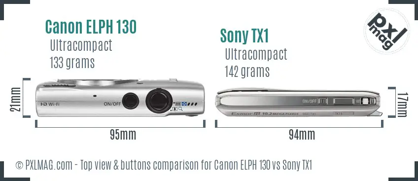 Canon ELPH 130 vs Sony TX1 top view buttons comparison