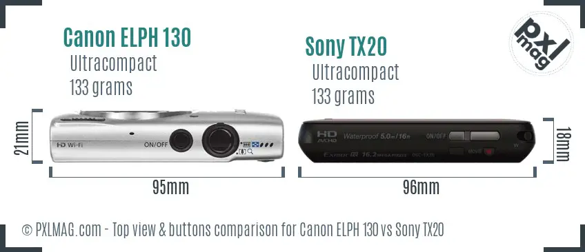 Canon ELPH 130 vs Sony TX20 top view buttons comparison